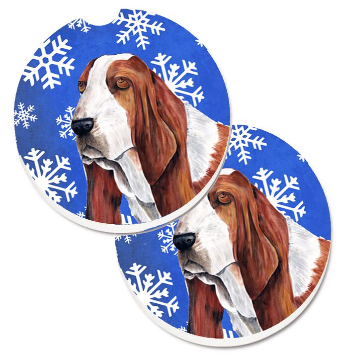 Caroline's Treasures Basset Hound Winter Snowflakes Holiday Set of 2 Cup Holder Car Coasters SC9372CARC, 2.56, Multicolor