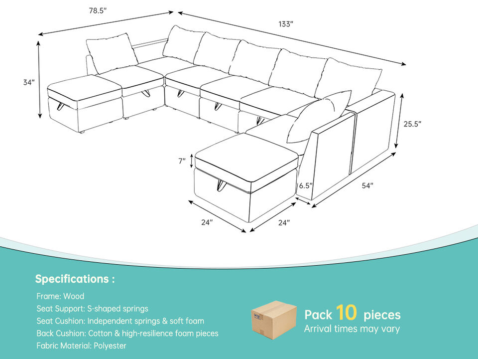Livelylodge Large Sectional Sofa - 181'' L Oversized Modular Couch with Wooden Frame, Polyester Fabric, 3 Color Options (Black, Beige, Gray)