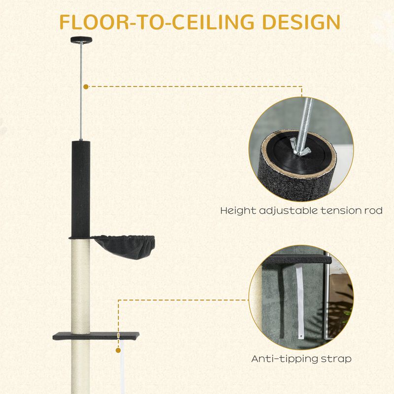 Black/Cream Cat Tower: 5-Tier Adjustable Climbing Tree 95"-106"
