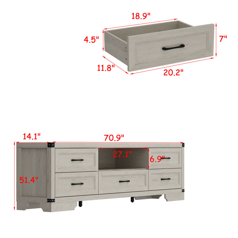 FUFU&GAGA Modern Dark Wood TV Stand – 5 Drawers & Open Shelf, Sturdy P2-Grade MDF Entertainment Center  (70.9" W x 14.1" D x 51.4" H), Dark Wood