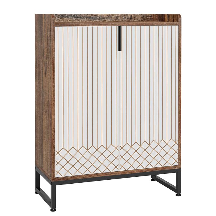 Shoe Cabinet Console, Gold Strip Doors, 5 Shelves, 41 Inch Brown White - Benzara