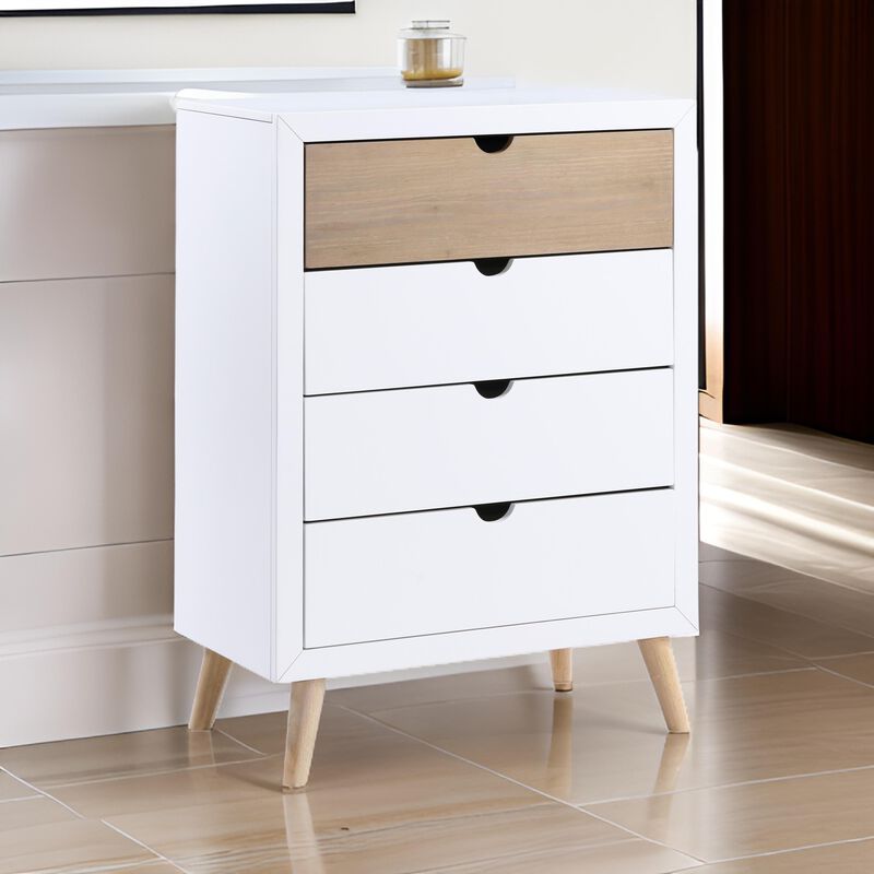 Kara 40 Inch Kids Tall Dresser Chest, 4 Drawers, Open Handles, White, Brown - Benzara