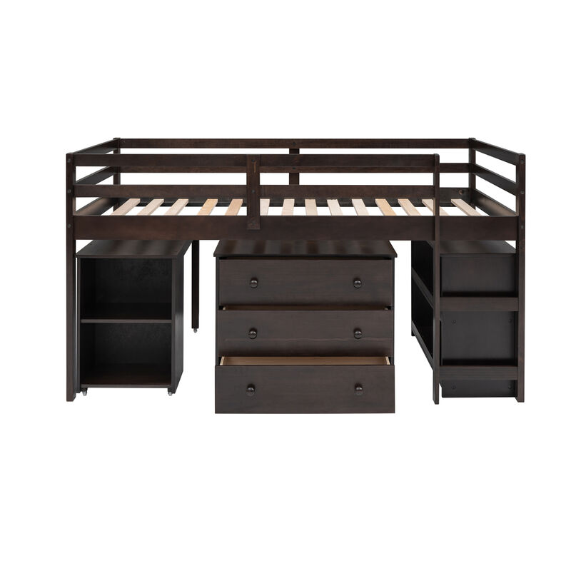 Low Study Twin Loft Bed With Cabinet And Rolling Portable Desk