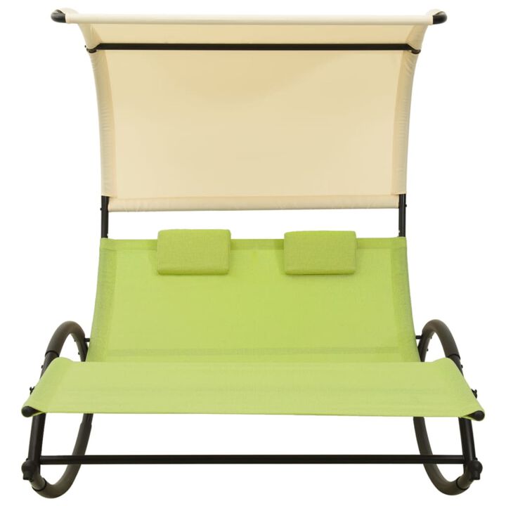 vidaXL Rocking Double Sun Lounger with UV-Protective Canopy and Breathable Textilene Fabric in Green and Cream