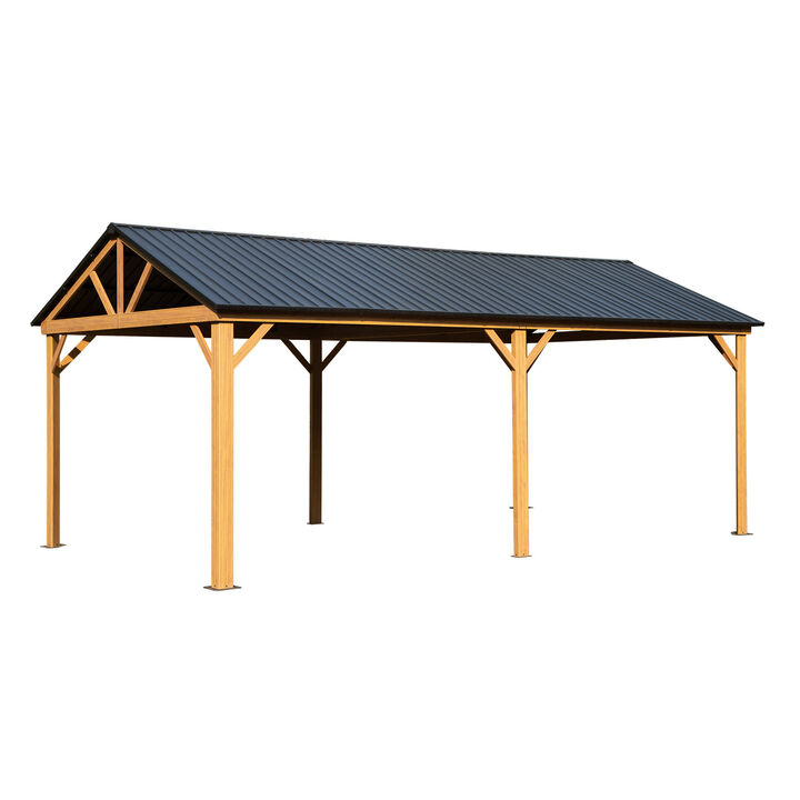 MONDAWE 12x20ft Hardtop Gazebo, Galvanized Steel Gable Roof Gazebo Pergola with Wood Grain Aluminum Frame, Outdoor Permanent Gazebo Pavilion for Patio, Garden (Yellow Brown)