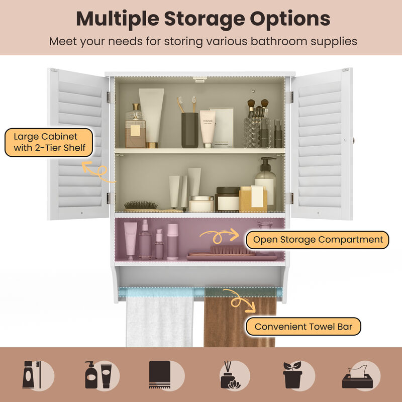 2-Doors Bathroom Wall-Mounted Medicine Cabinet with Towel Bar