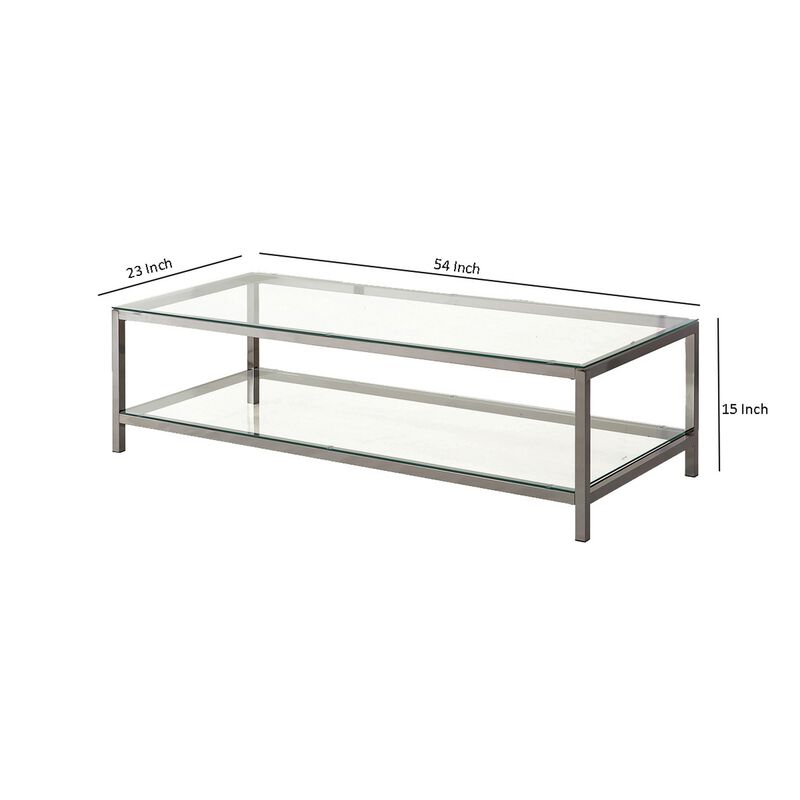 Glass Top Coffee Table with Metal Frame and Open Shelf, Silver-Benzara