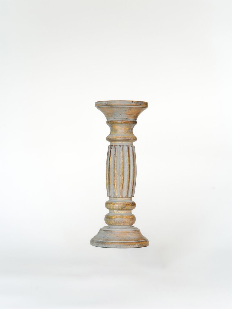 Traditional Gray Wash Eco-friendly Handmade Mango Wood Set Of Two 6" & 9" Pillar Candle Holder