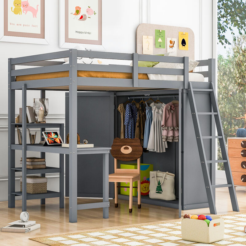 Merax Loft Bed with Wardrobe and Desk and Shelves