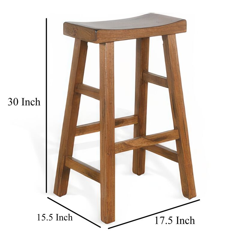 Marv Barstool Set of 2, Saddle Seat, Rustic Oak Mahogany Wood, 30 Inch - Benzara