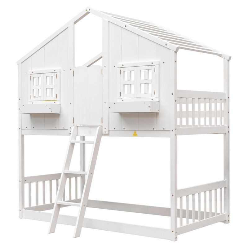 Twin Over Twin House Bunk Bed With Roof, Window, Window Box, Door, With Safety Guardrails