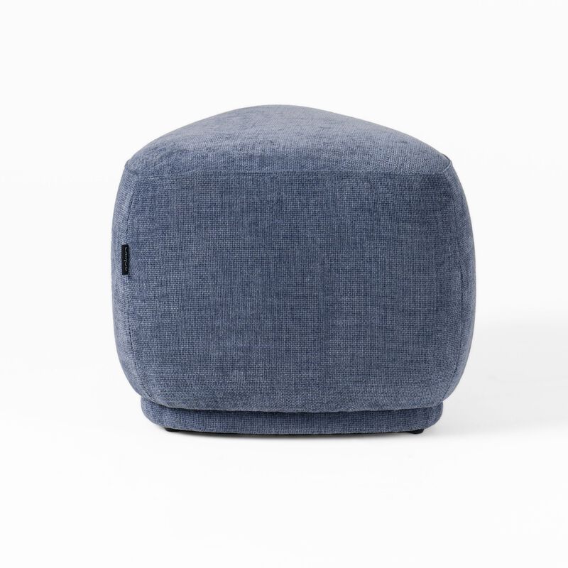 Reno Kini 26 Inch Ottoman, River Rock Shape, Blue Polyester, Wood Frame - Benzara