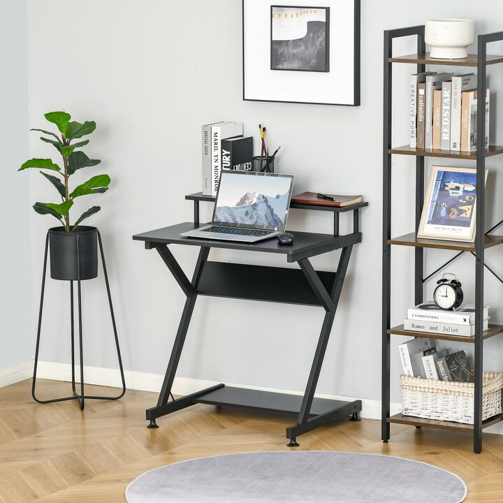 Black Home Office: Industrial R-Shaped Desk with Monitor Shelf