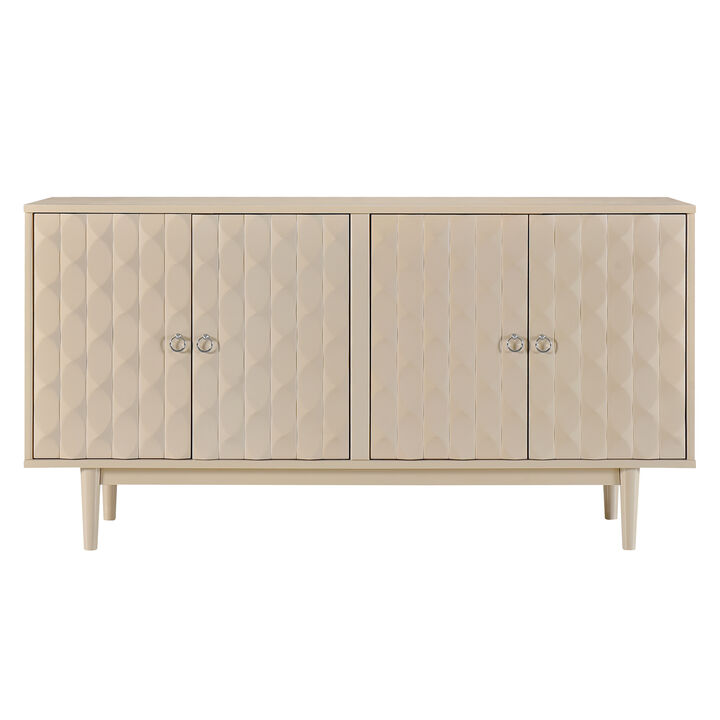 Clihome Modern 4-door Sideboard with Convex Pattern Doors and 2 Silver Handle for Living Room, Dining Room, Kitchen (Almond)