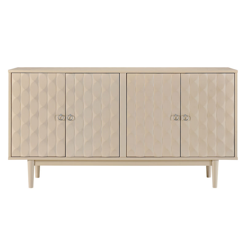 Clihome Modern 4-door Sideboard with Convex Pattern Doors and 2 Silver Handle for Living Room, Dining Room, Kitchen (Almond)