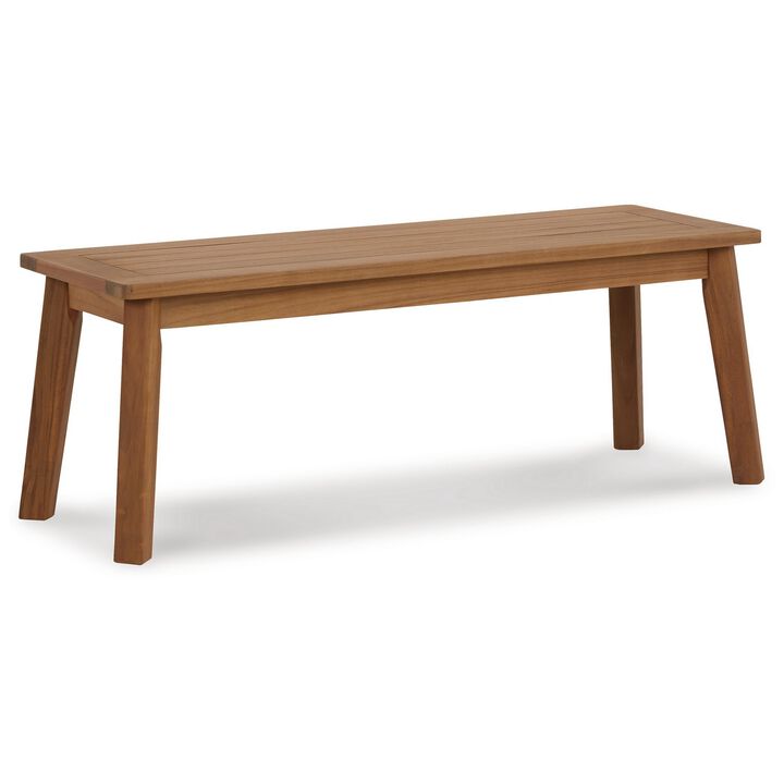 47 Inch Rectangular Bench, Natural Acacia Wood, Slatted Seat, Angled Legs-Benzara
