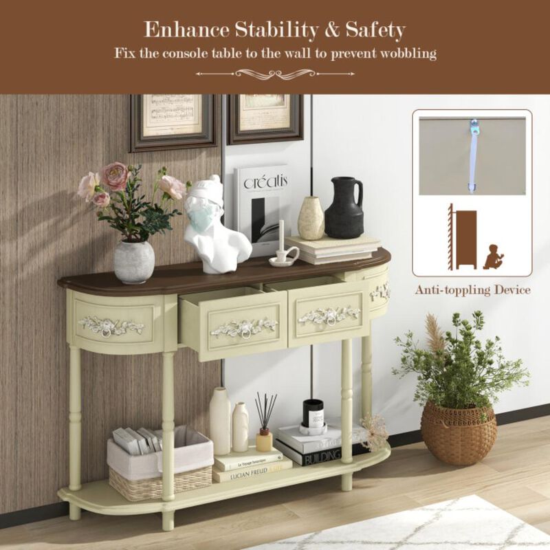 Hivvago Retro Curved Console Table with Drawers and Solid Wood Legs