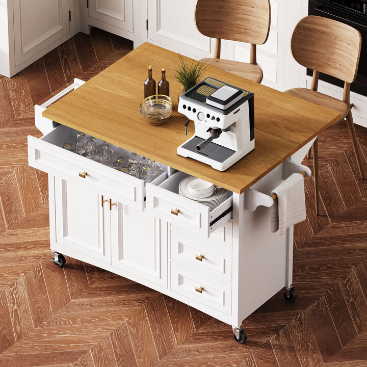 Merax Embossed Texture Kitchen Island on Wheels with Spice Rack