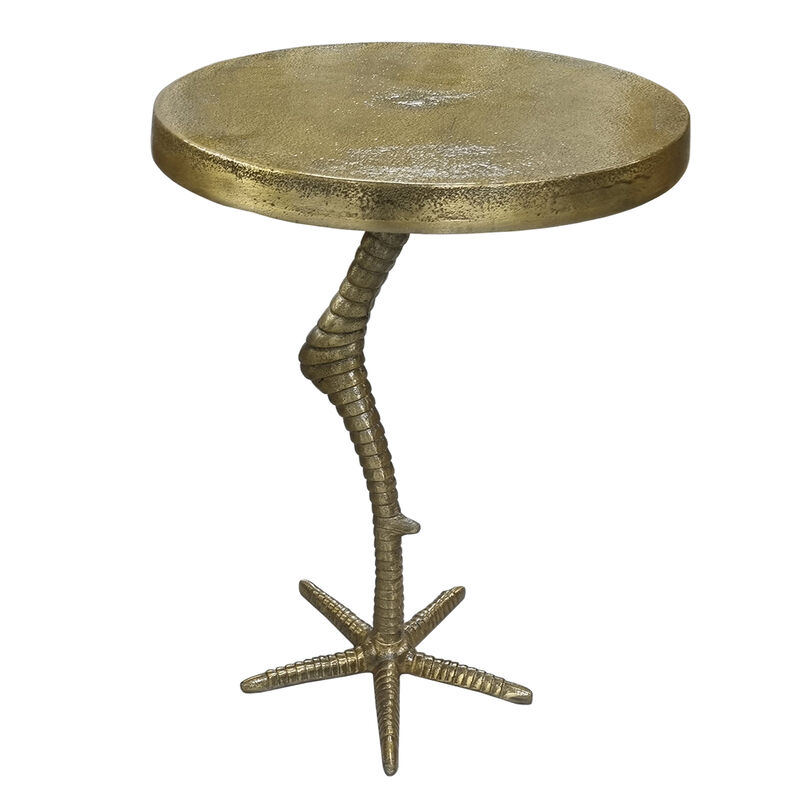 19 Inch Side End Table, Antique Brass Aluminum Cast, Round Top with Handcrafted Textured Crane Leg Stem - Benzara