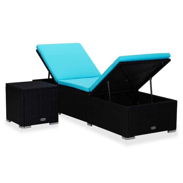 vidaXL Sun Lounger with Cushion and Tea Table Poly Rattan Blue