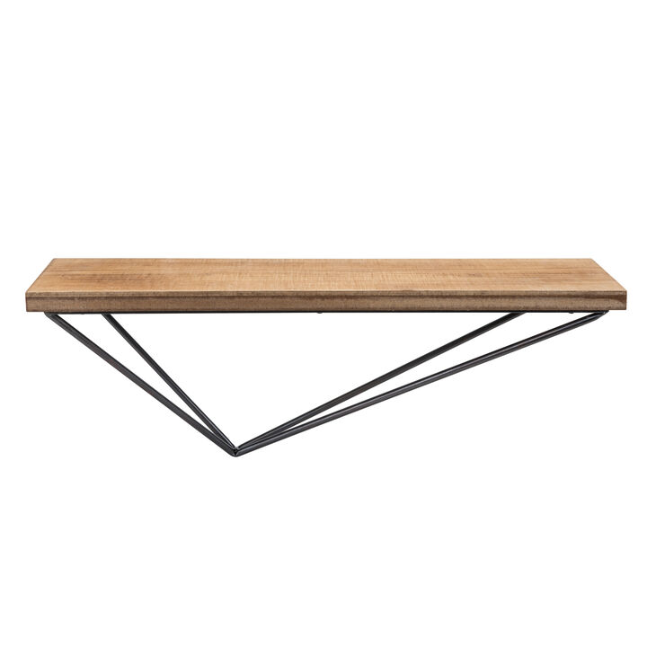 Rustic Wall Mount Pine Wood Floating Display Shelf with Diamond-Shaped Asymmetrical Iron Bracket