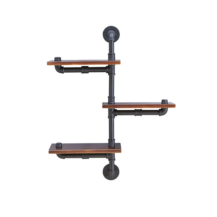 3-Tier Vertical Floating Staggered Industrial Rustic Pipe Wall Mount Shelving Unit