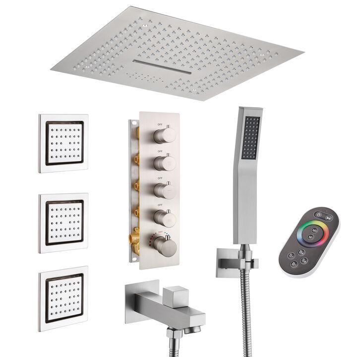 Mondawe 64 Colors LED Light and Music 4 Functions 5 Sprays Flush Ceiling Mounted Thermostatic Shower System with 3 Body Jets and Rough-in Valve in Brushed Gold