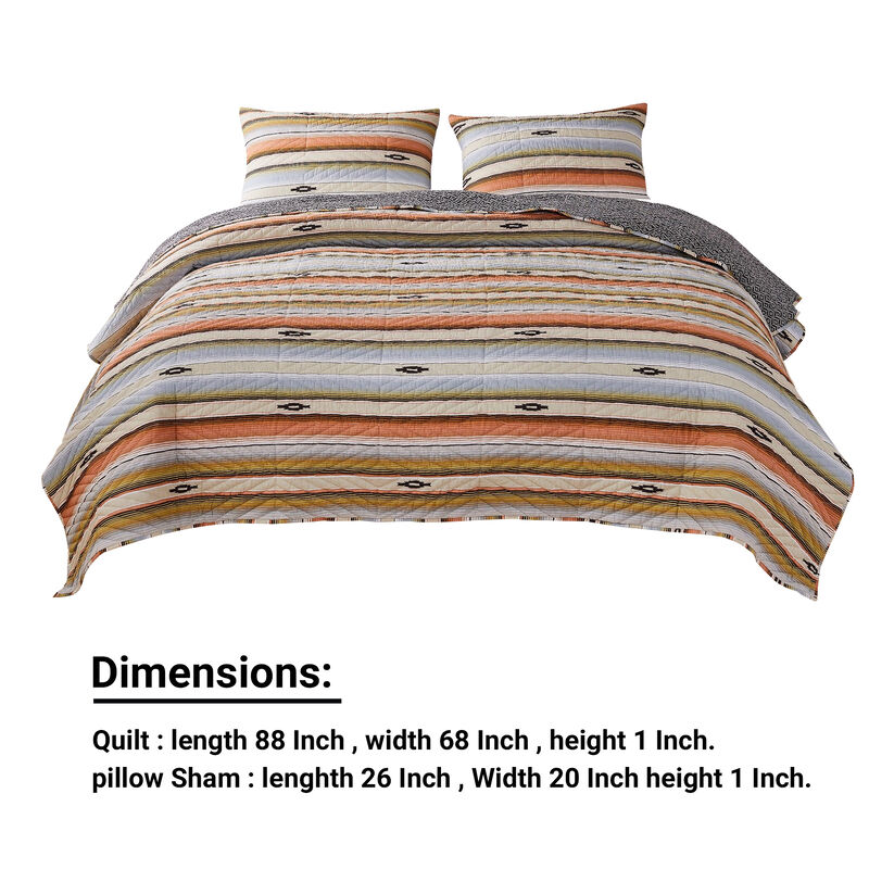 3 Piece Microfiber Full Size Quilt Set with Chevron Print, Multicolor - Benzara