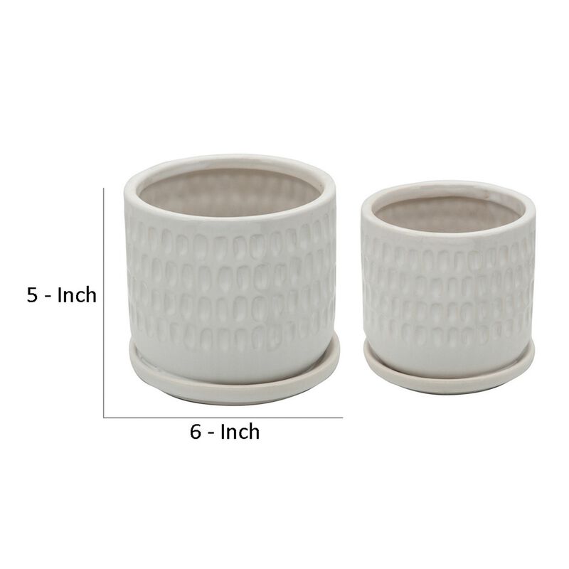 Ceramic Planter with Saucer and Hammered Design, Set of 2, White-Benzara