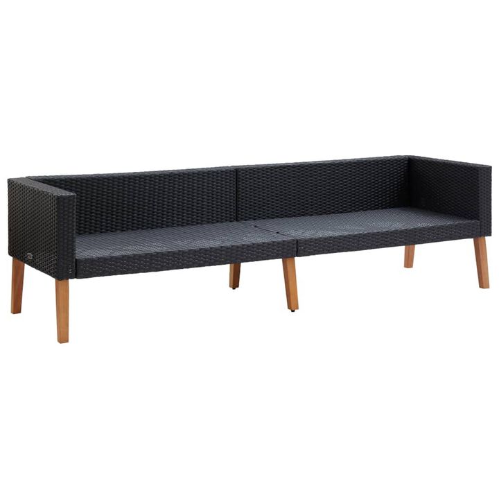 3 Seater Outdoor Sofa with White Fabric Cushions, Black Rattan 86 Inch - Benzara