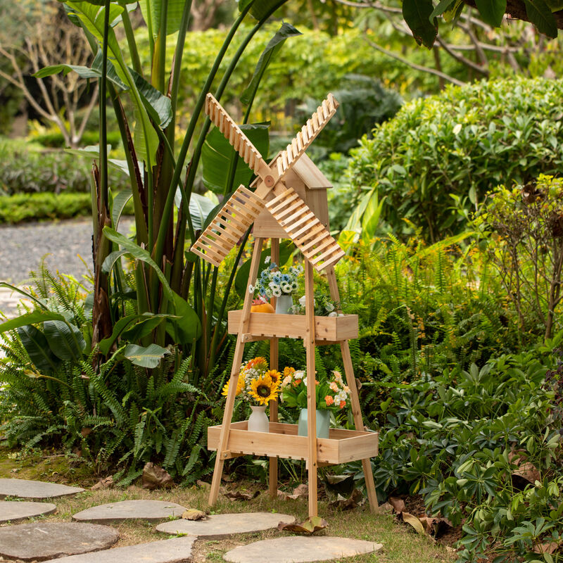 Rustic Wooden Cart with Windmill Accent, Versatile and Decorative Piece for Home or Garden Decor, Perfect for Displaying Plants, Books, and Decorative Items, or as a Unique Storage Solution for Home or Garden Tools