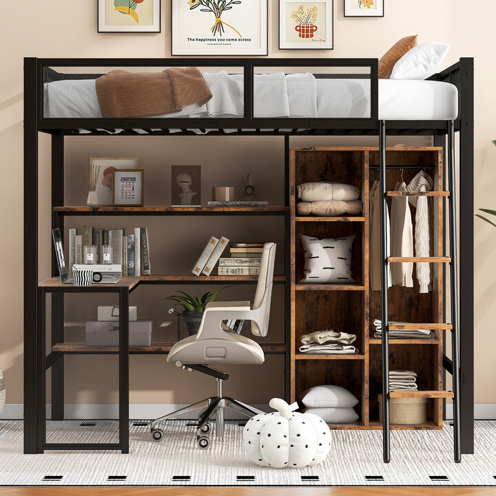 Merax Metal Loft bed with Built-in Desk and Wardrobe