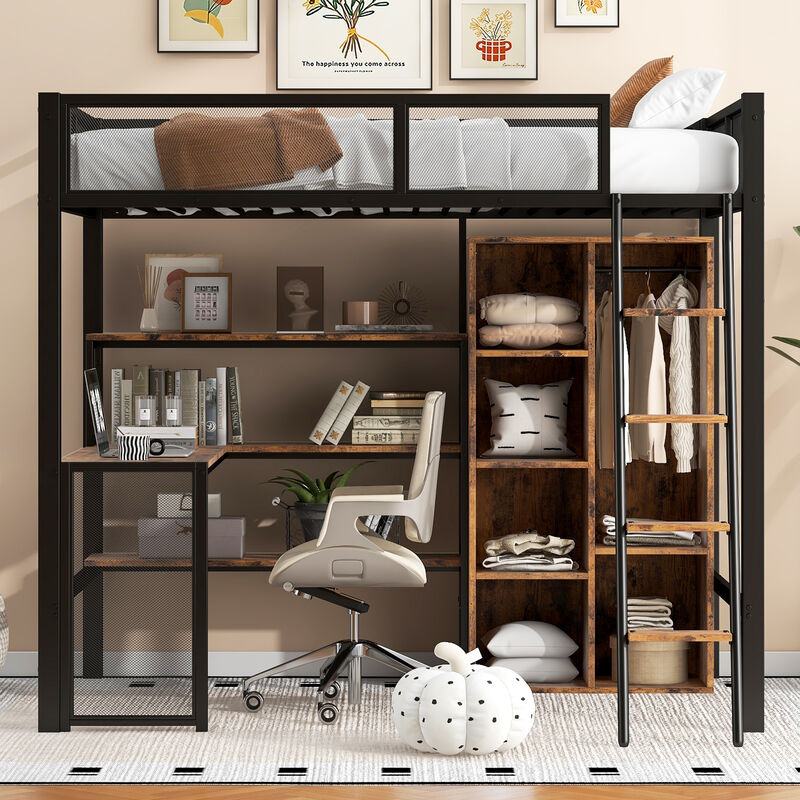 Merax Metal Loft bed with Built-in Desk and Wardrobe