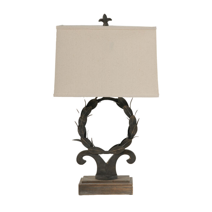 26 Inch Artisanal Table Lamp, Laurel Wreath Iron Frame, Off White, Black-Benzara