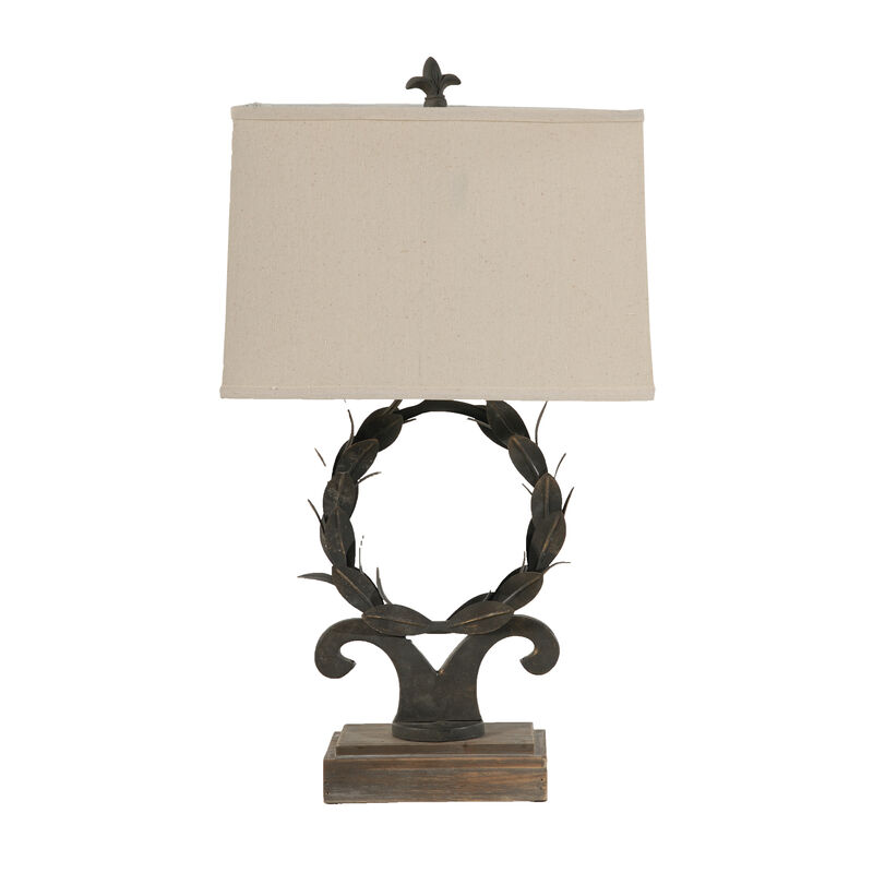 26 Inch Artisanal Table Lamp, Laurel Wreath Iron Frame, Off White, Black-Benzara