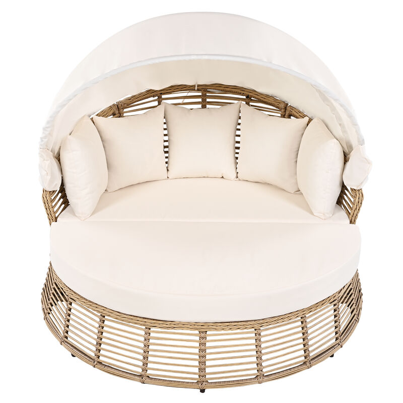 Whisen Outdoor Patio Rattan Round Daybed with Retractable Canopy, Poolside Sofa Sunbed with Removable Cushions - Beige
