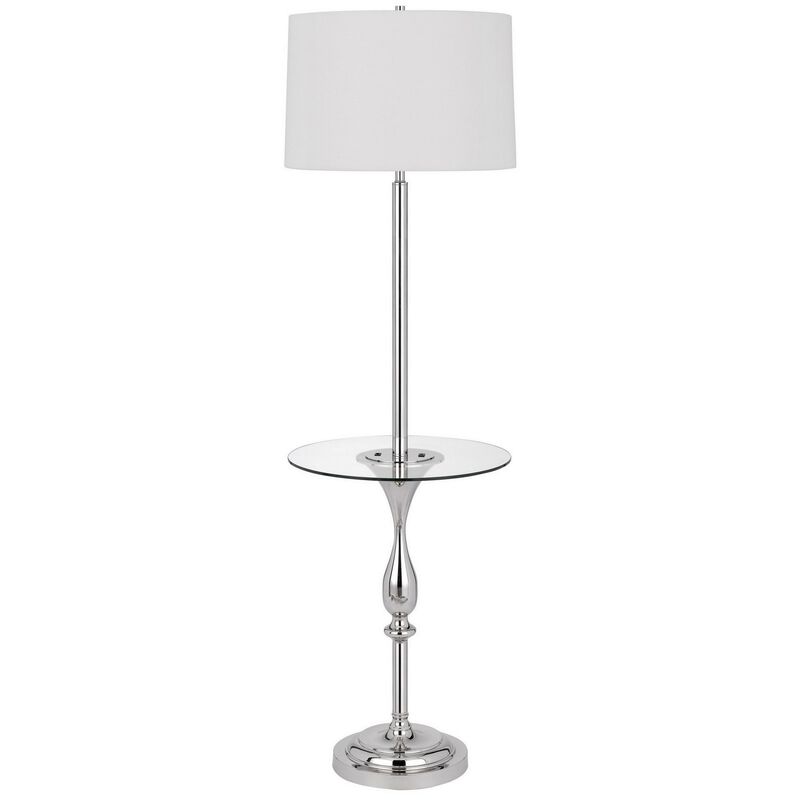 Ava 61 Inch Modern Floor Lamp, Glass Tray Table, 1 USB Port, Glossy, Chrome-Benzara