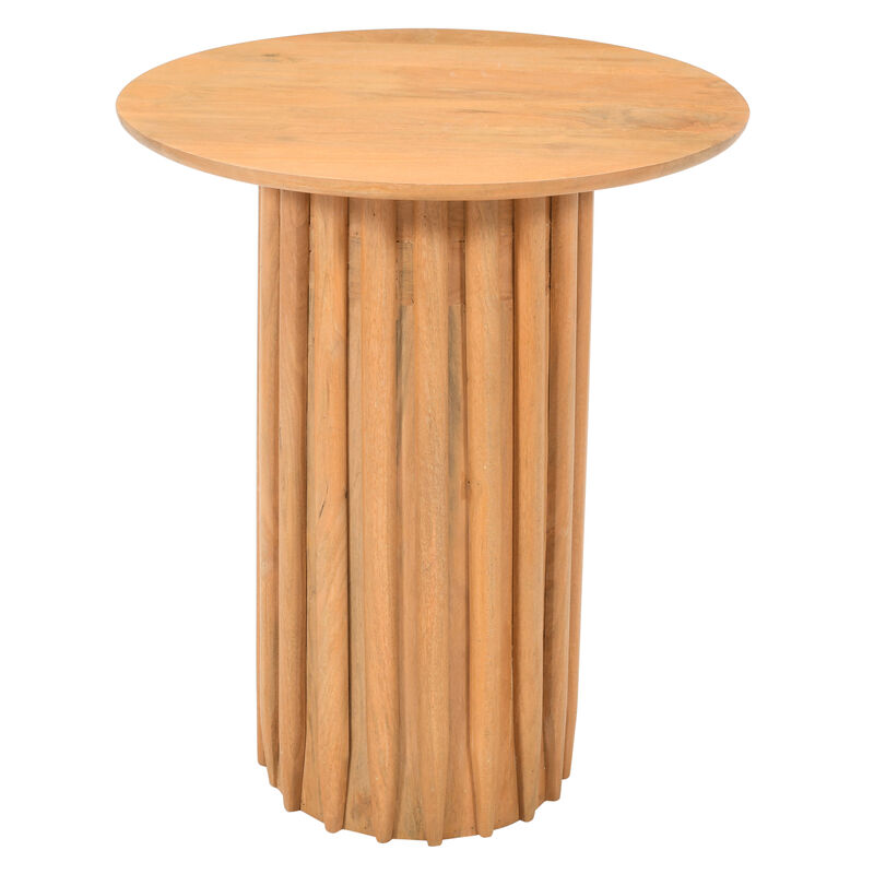 Sejo Side End Table, 20 Inch Round Top with Fluted Base in Natural Brown Mango Wood - Benzara