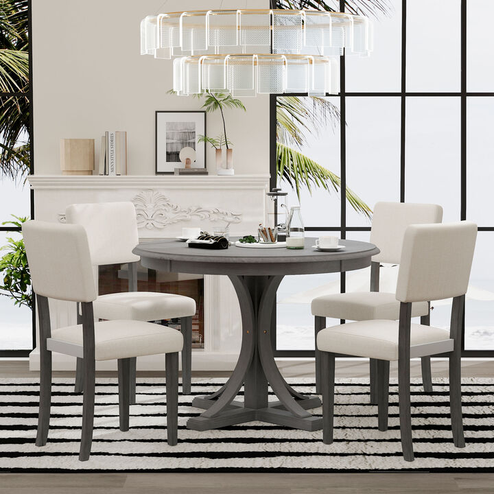 5-Piece Retro Round Dining Table Set With Curved Trestle Style Table Legs And 4