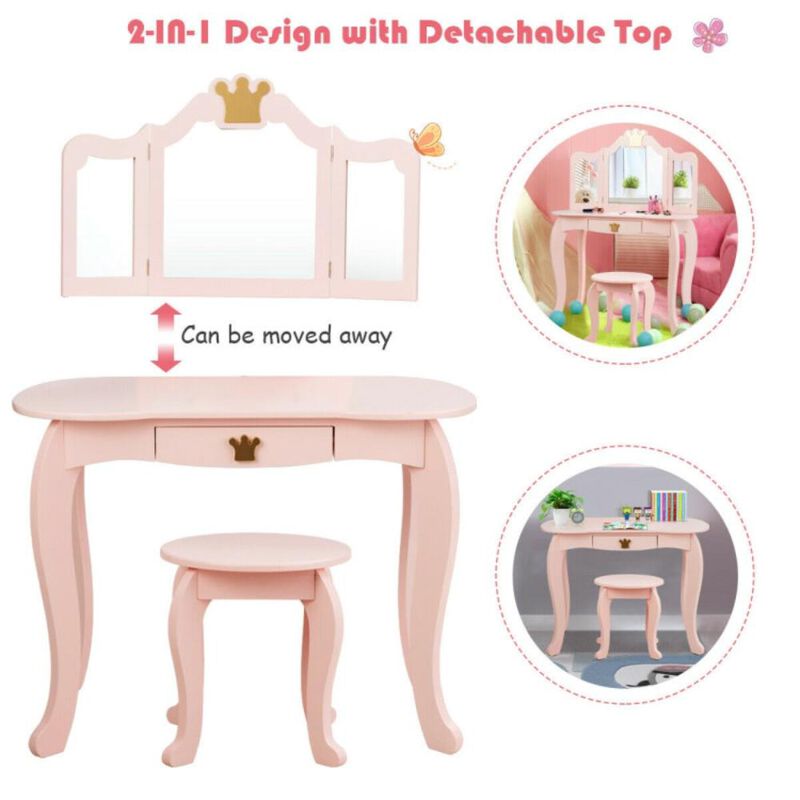 Hivvago Kids Makeup Dressing Table with Tri-folding Mirror and Stool