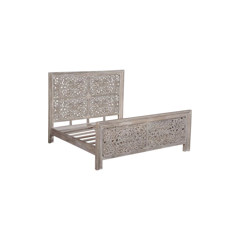Taran Designs Calista Floral Carved Solid Wood King Panel Bed