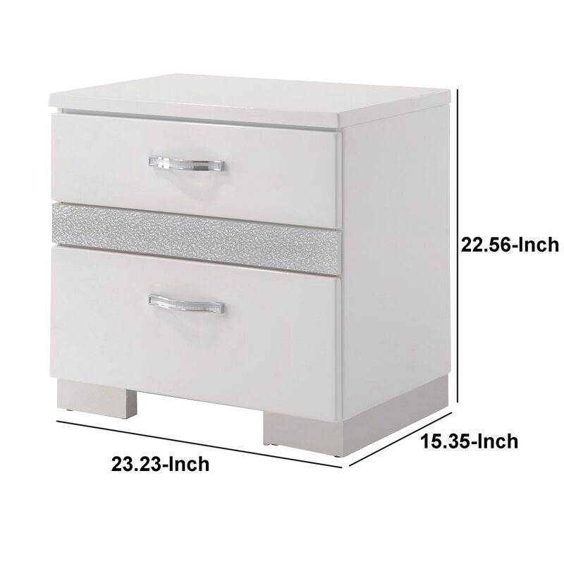 Nightstand With Three Center Metal Glide Drawers In White Gloss Finish-Benzara