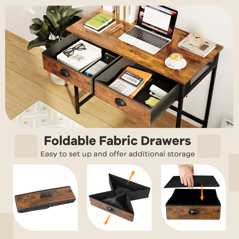 Space-Saving Home Office Desk with 2 Fabric Drawers and 4 Hanging Hooks for Storage