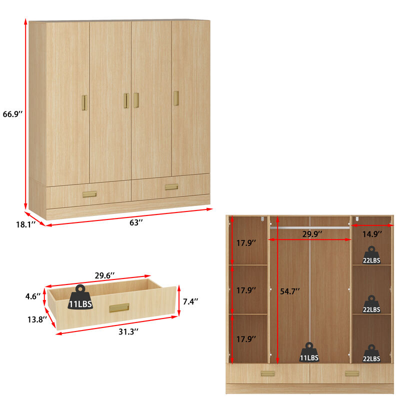 FUFU&GAGA Spacious 4-Door Wardrobe with Shelves, Drawers, and Hanging Rod, (63" W x 18.1" D x 66.9" H),Brown