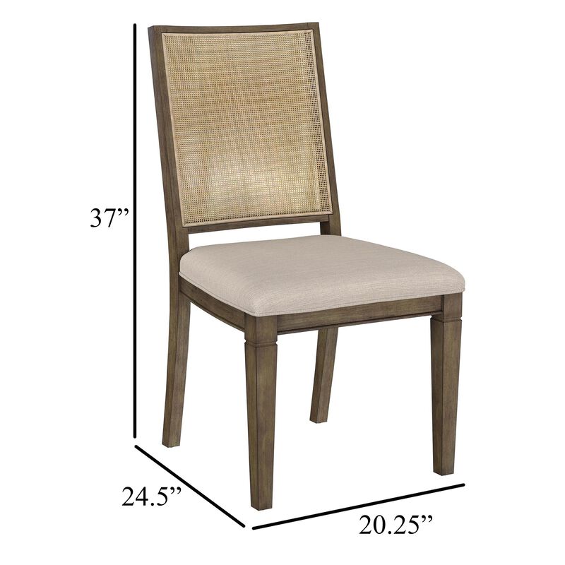 Andy Dining Side Chair Set of 2, Woven Rattan, Gray Fabric, Brown Wood - Benzara