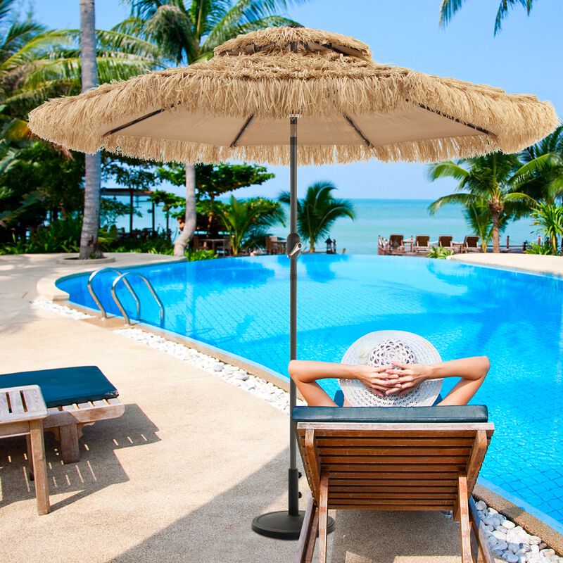 9-Foot Solar-Powered Tiki Patio Umbrella with Thatched Design and LED Lights for Outdoor Spaces