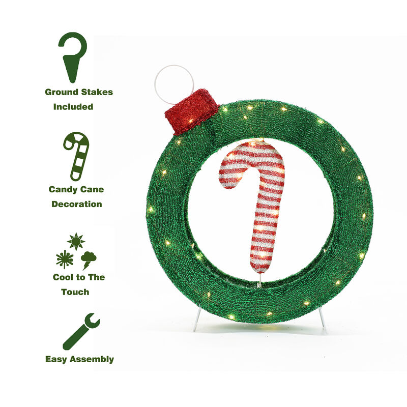 LuxenHome 1.9Ft Tall Ornament and Candy Cane Wreath Outdoor Holiday Decoration with Lights