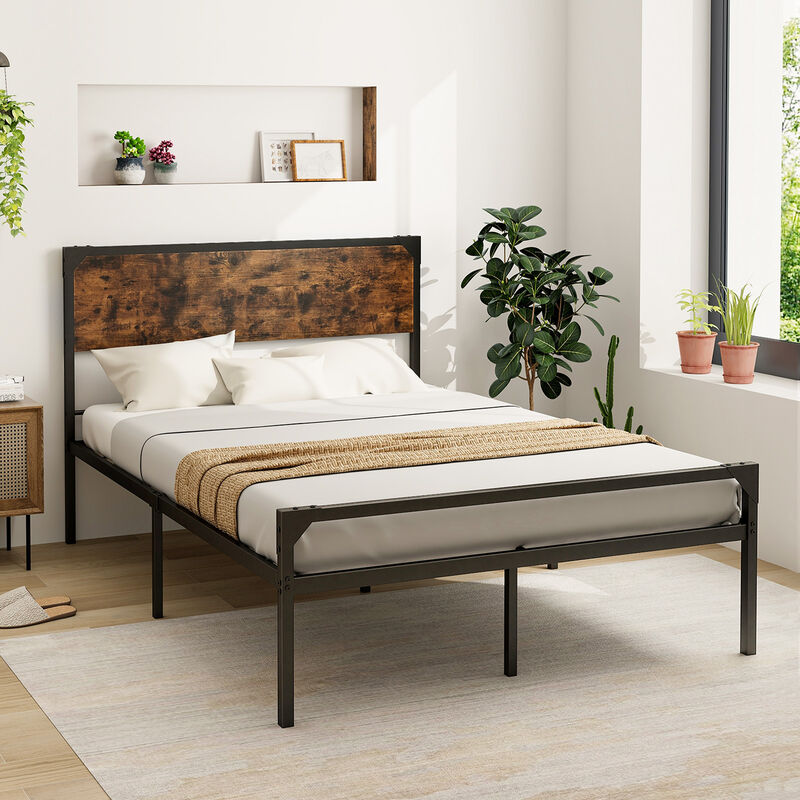 Platform Full/Queen Bed with Rustic Headboard and Footboard-Queen Size