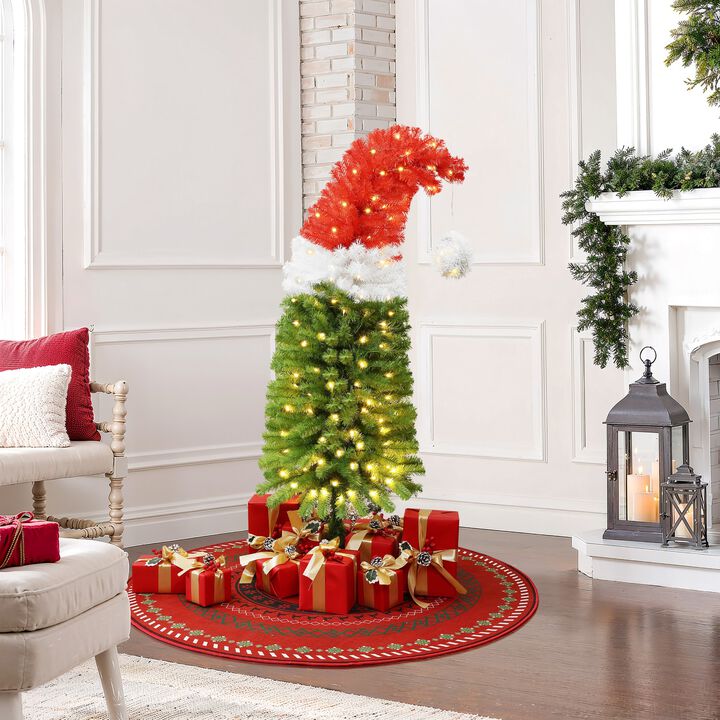 LuxenHome 5Ft Pre-Lit Artificial Tree with Santa Hat Treetop