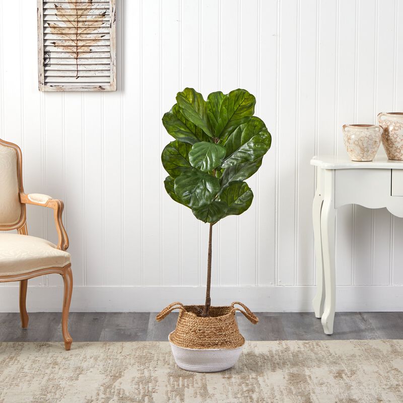 Hivvago 4 Feet Fiddle Leaf Artificial Tree in Boho Chic Handmade Cotton & Jute White Woven Planter UV Resistant (Indoor/Outdoor)